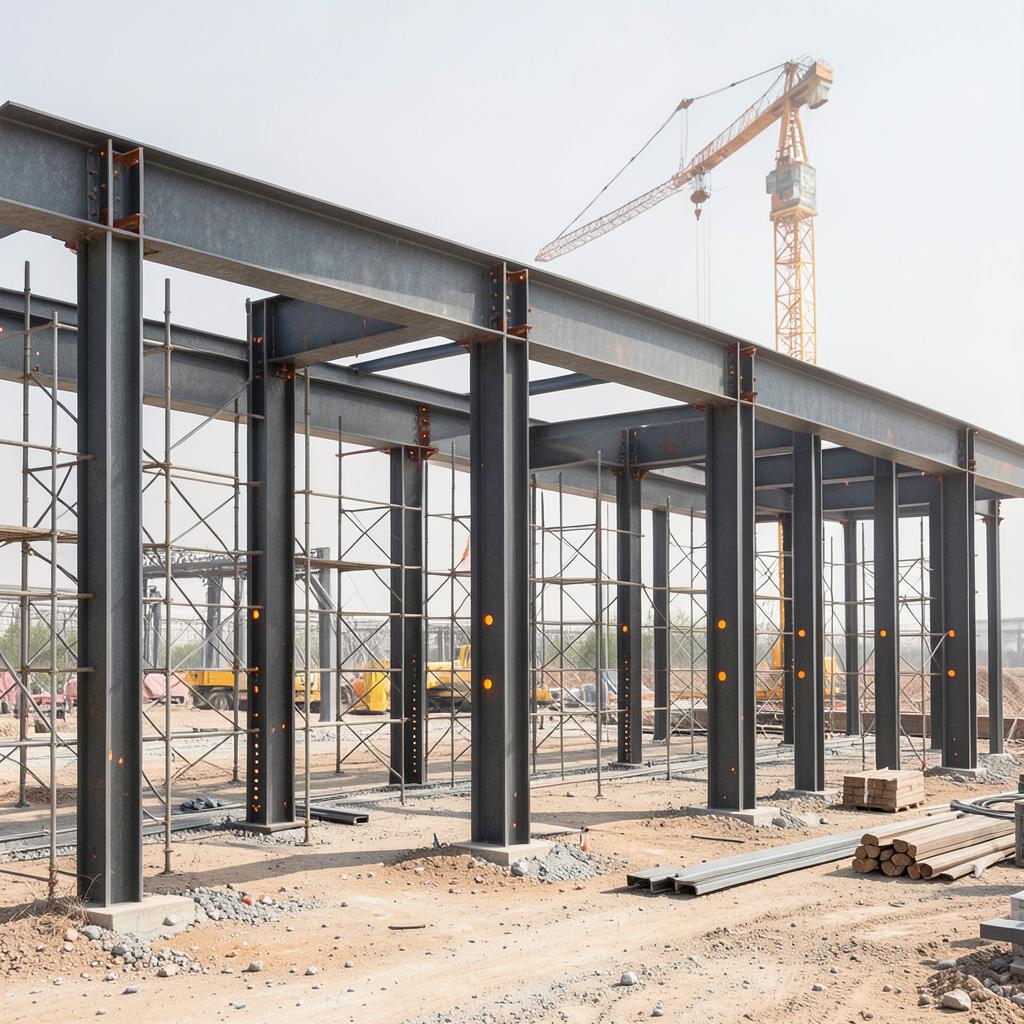 Pre-engineered steel structure under construction